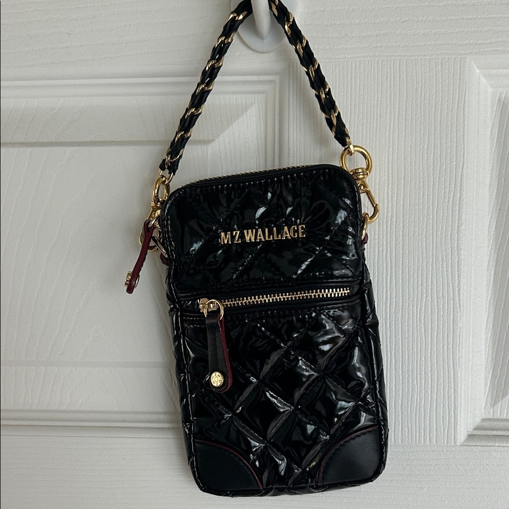 EUC MZ Wallace Glossy Black Gold Quilted mini clutch